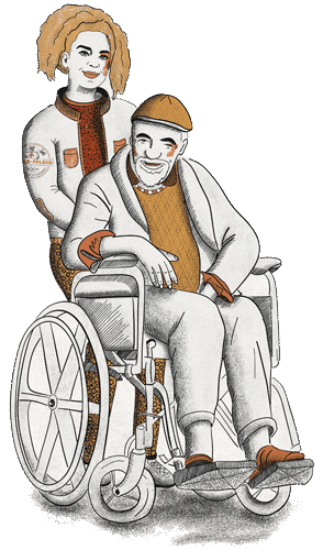 Pflegerin begleitet Mann im Rollstuhl